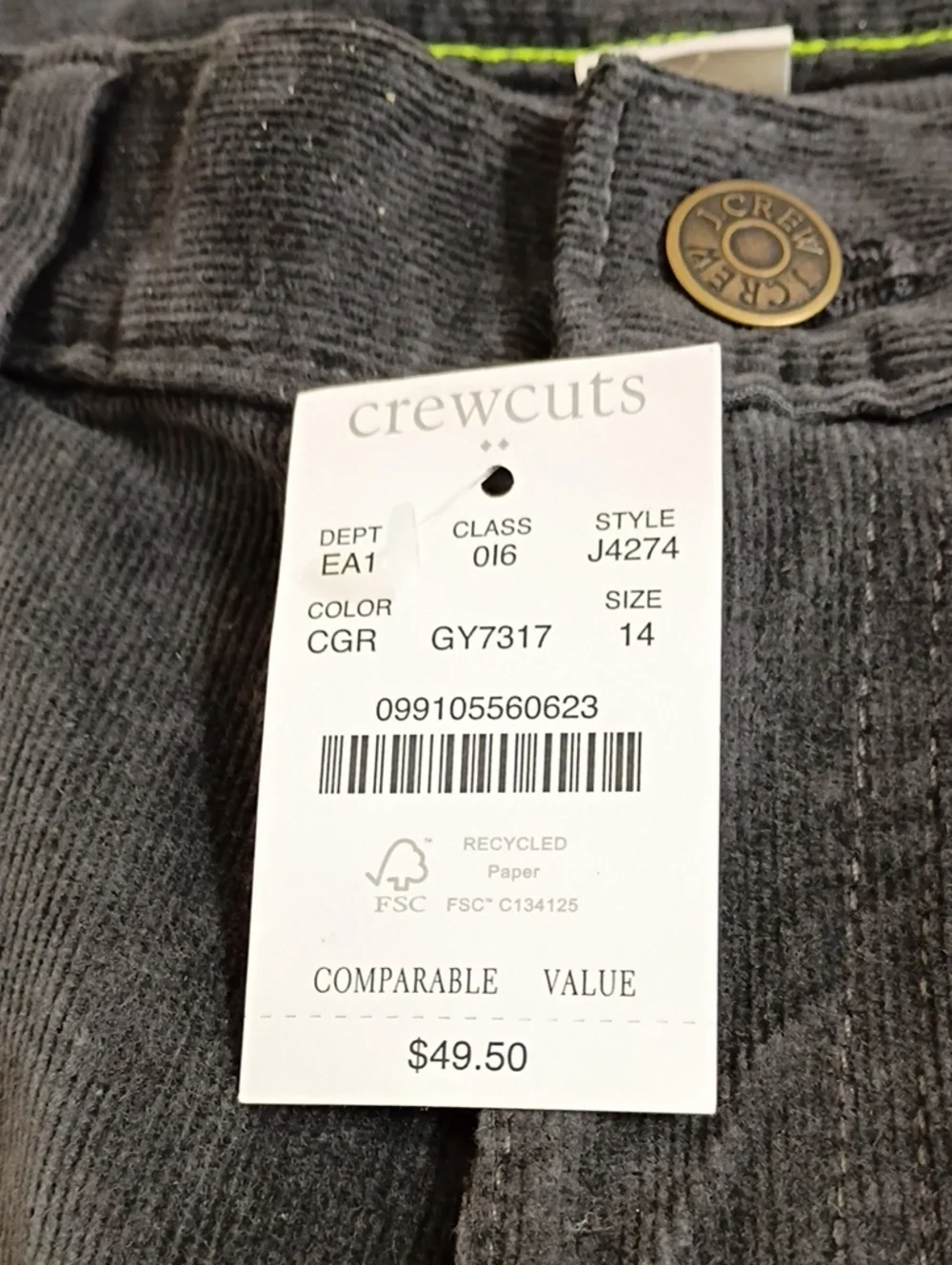 Crewcuts Gray High Waist Straight Leg Corduroys Kids Size 14 NWT